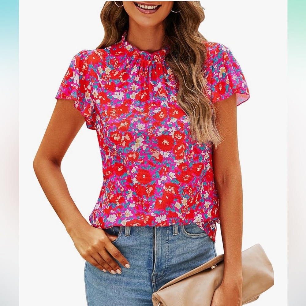 Simple Pink and Blue Ruffled Blouse with Mandarin Collar